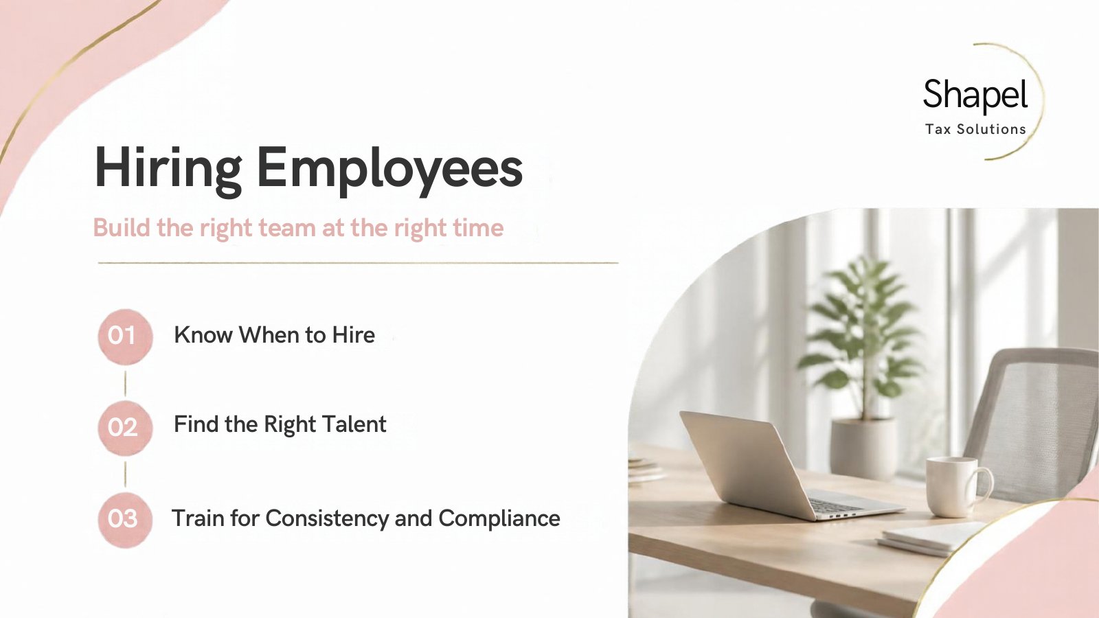 Hiring Employees slide with a numbered list and office photo, designed for Shapel Tax Solutions