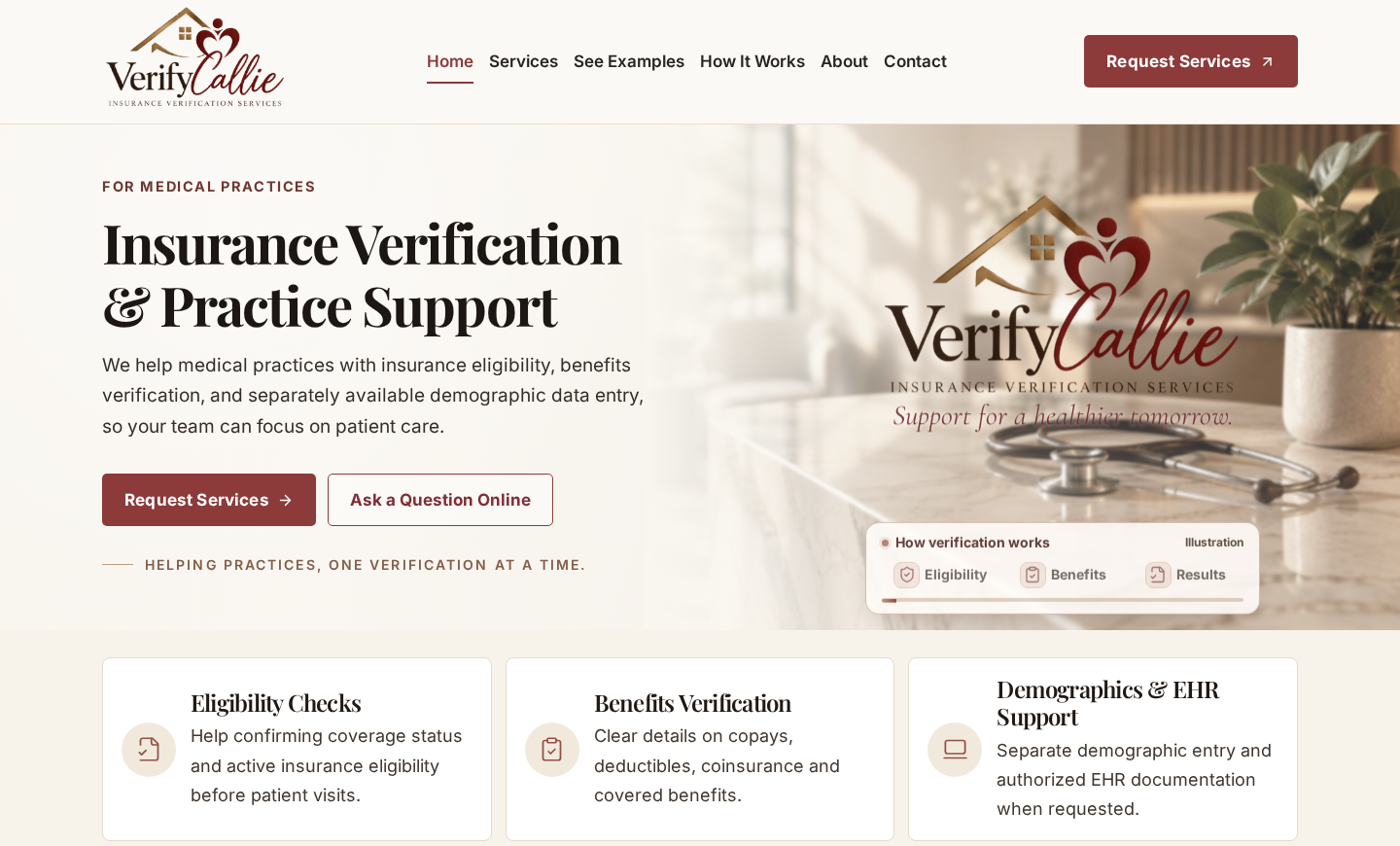Screenshot of the live VerifyCallie homepage, an insurance verification services website designed and built by SiteByPiece