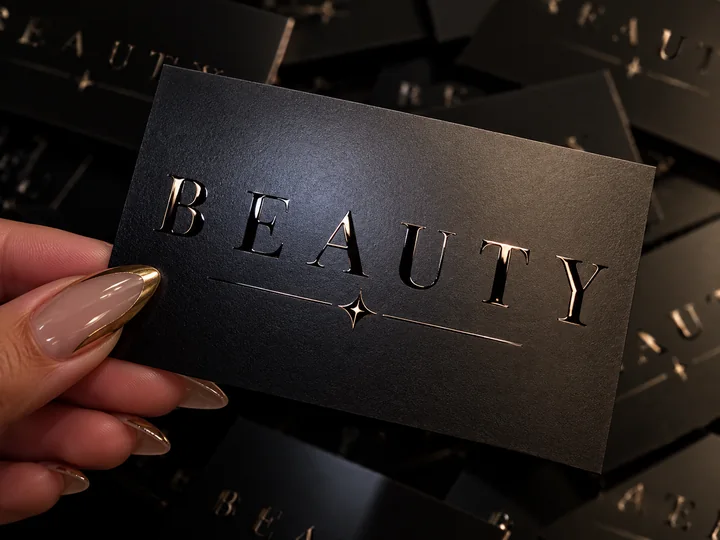 Illustrative example: black business card with glossy raised BEAUTY lettering and a star divider, held in a hand