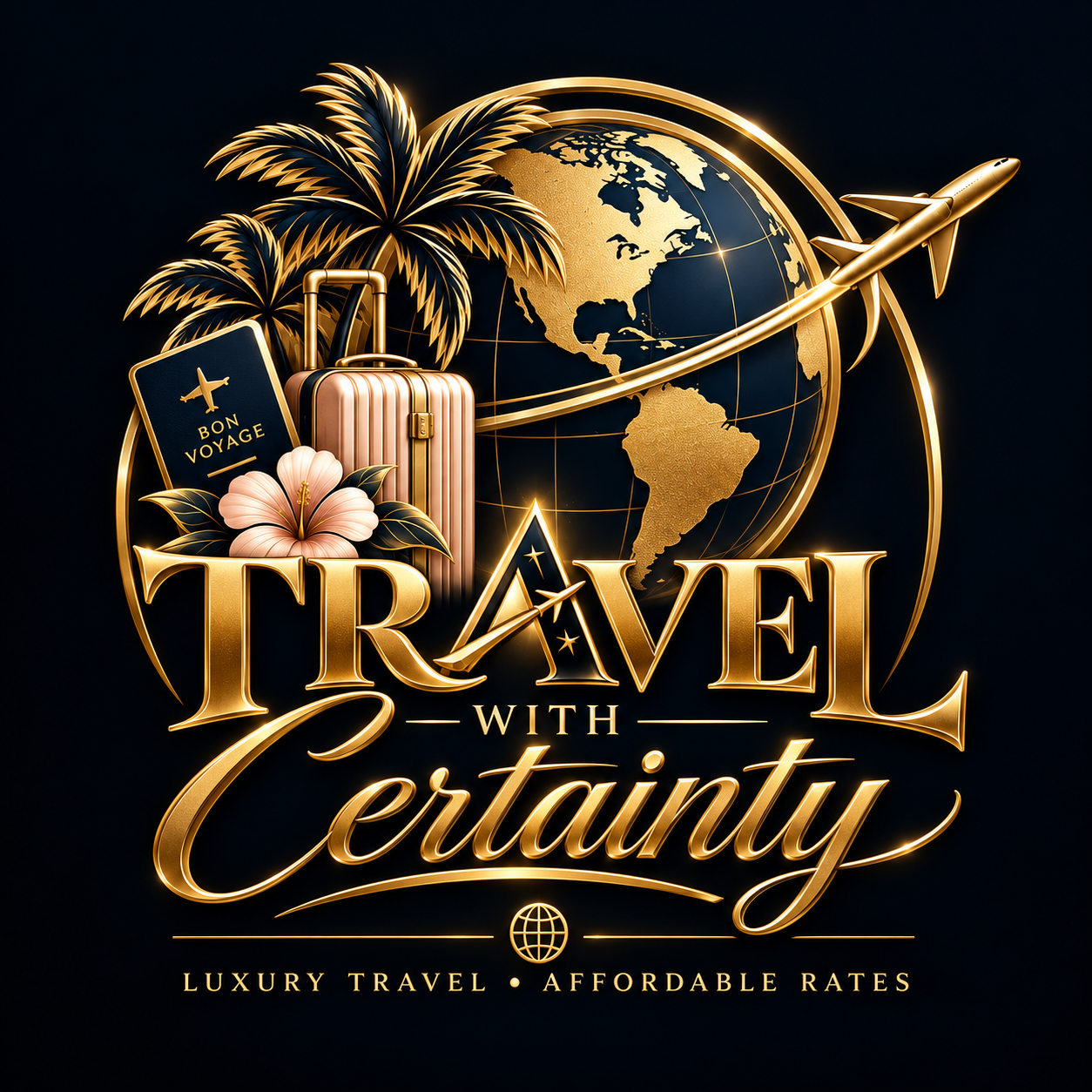 Navy and gold emblem name logo for Travel With Certainty with a suitcase, passport and flower