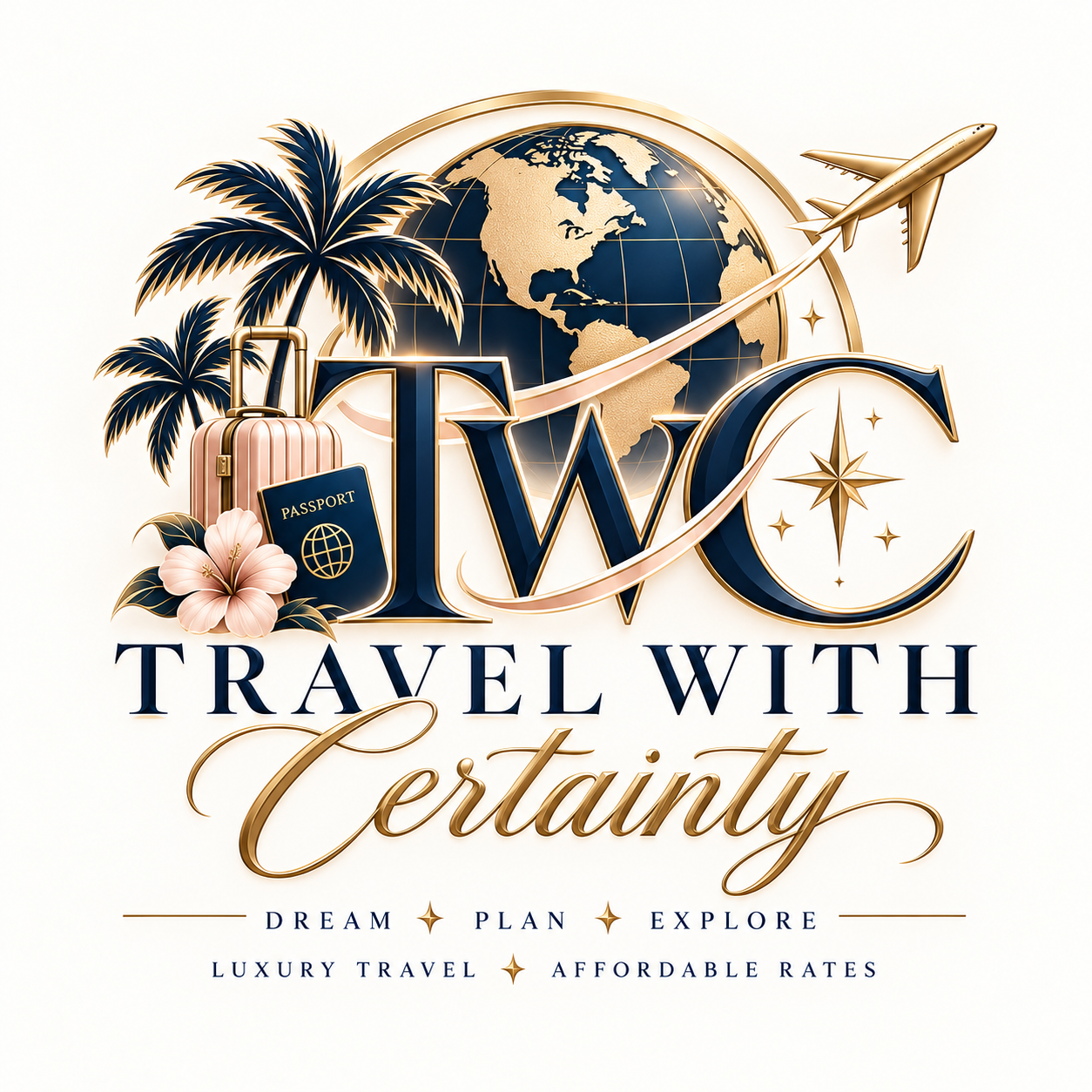 TWC monogram name logo for Travel With Certainty with a globe, suitcase, passport and hibiscus flower