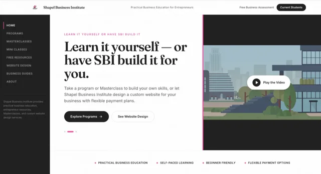 Shapel Business Institute homepage, a real SiteByPiece website