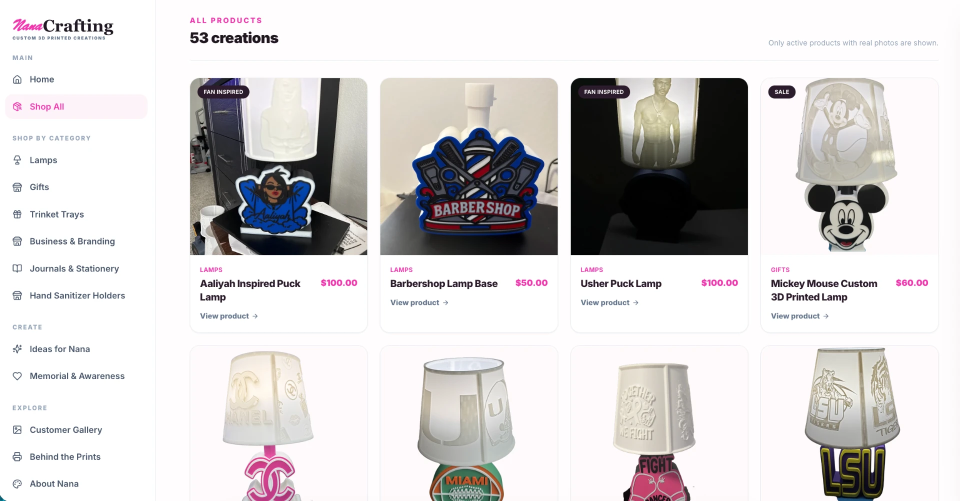 NaNa Crafting online shop showing its handmade product catalog