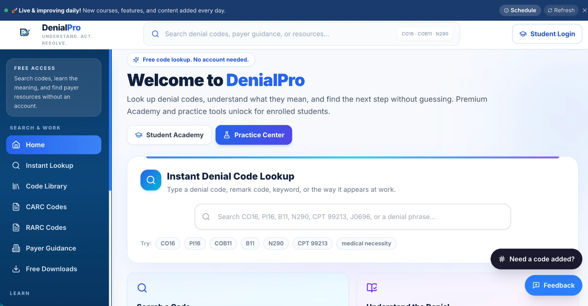DenialPro homepage for its healthcare revenue cycle education platform