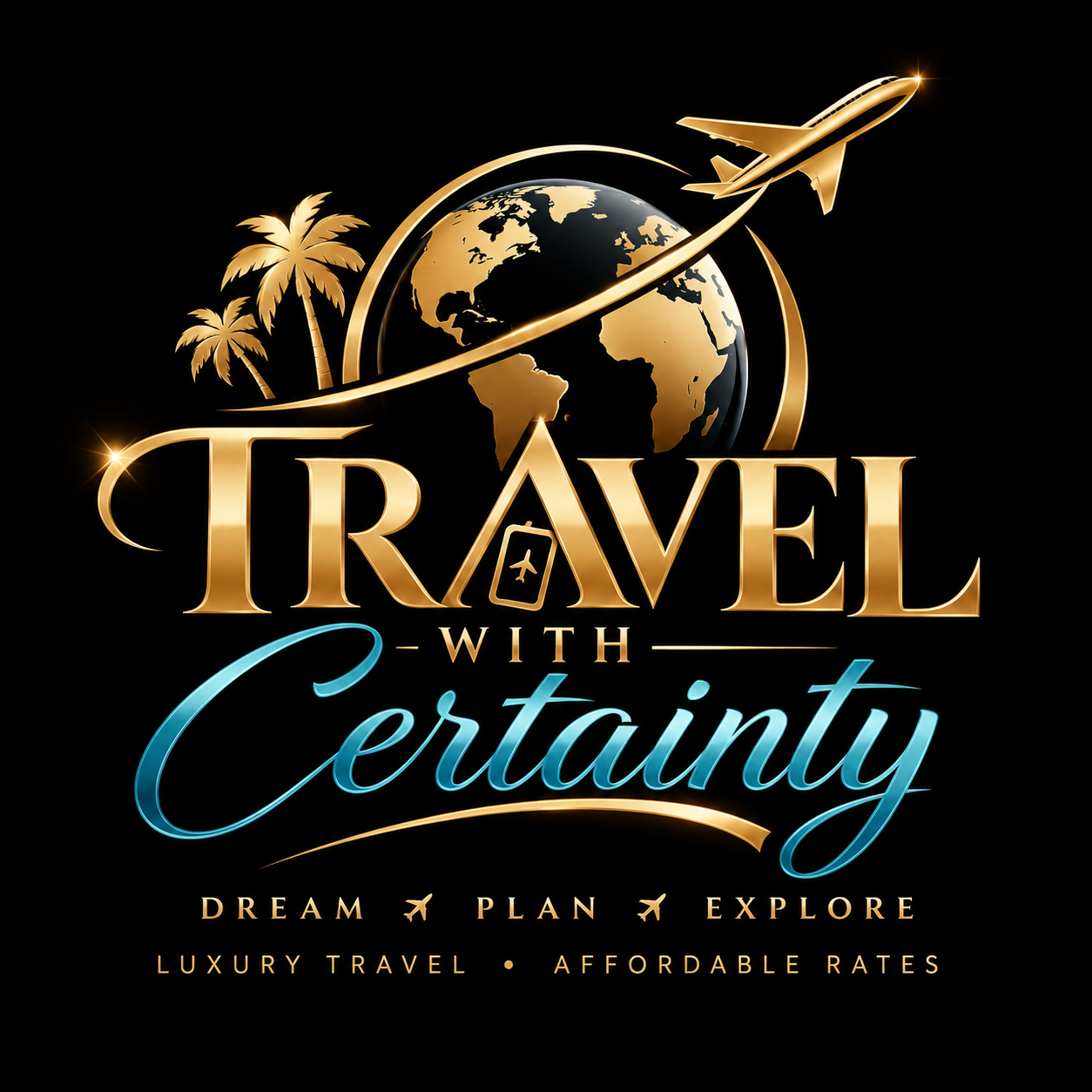 Name logo for Travel With Certainty in gold lettering with a globe, palm trees and an airplane