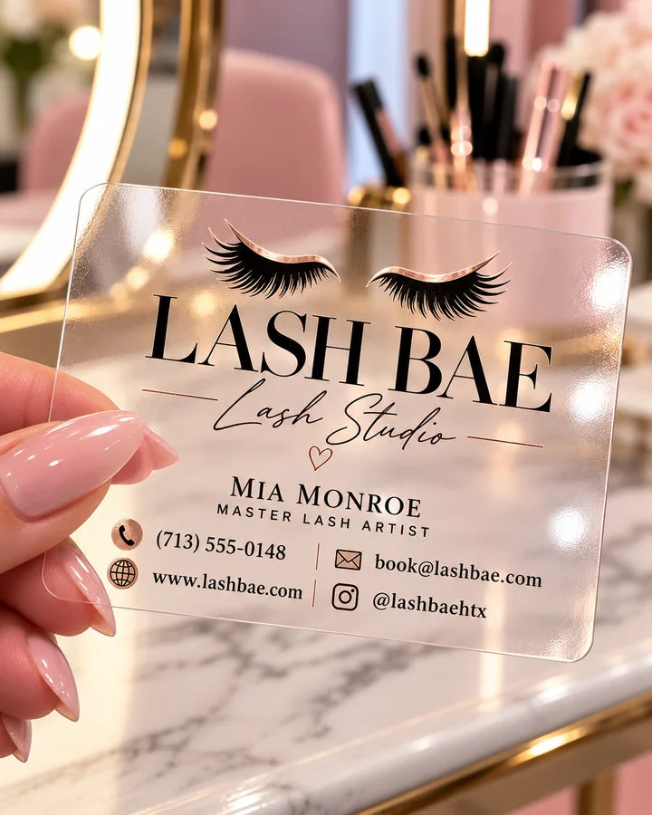 Illustrative concept: clear card with LASH BAE lettering and contact details, held in front of a soft background