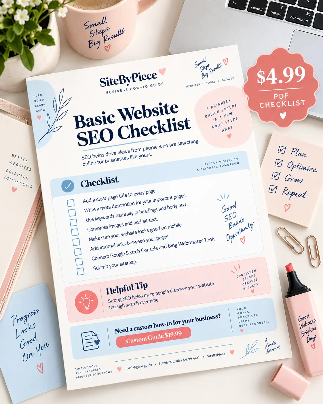 Basic Website SEO Checklist digital PDF guide by SiteByPiece
