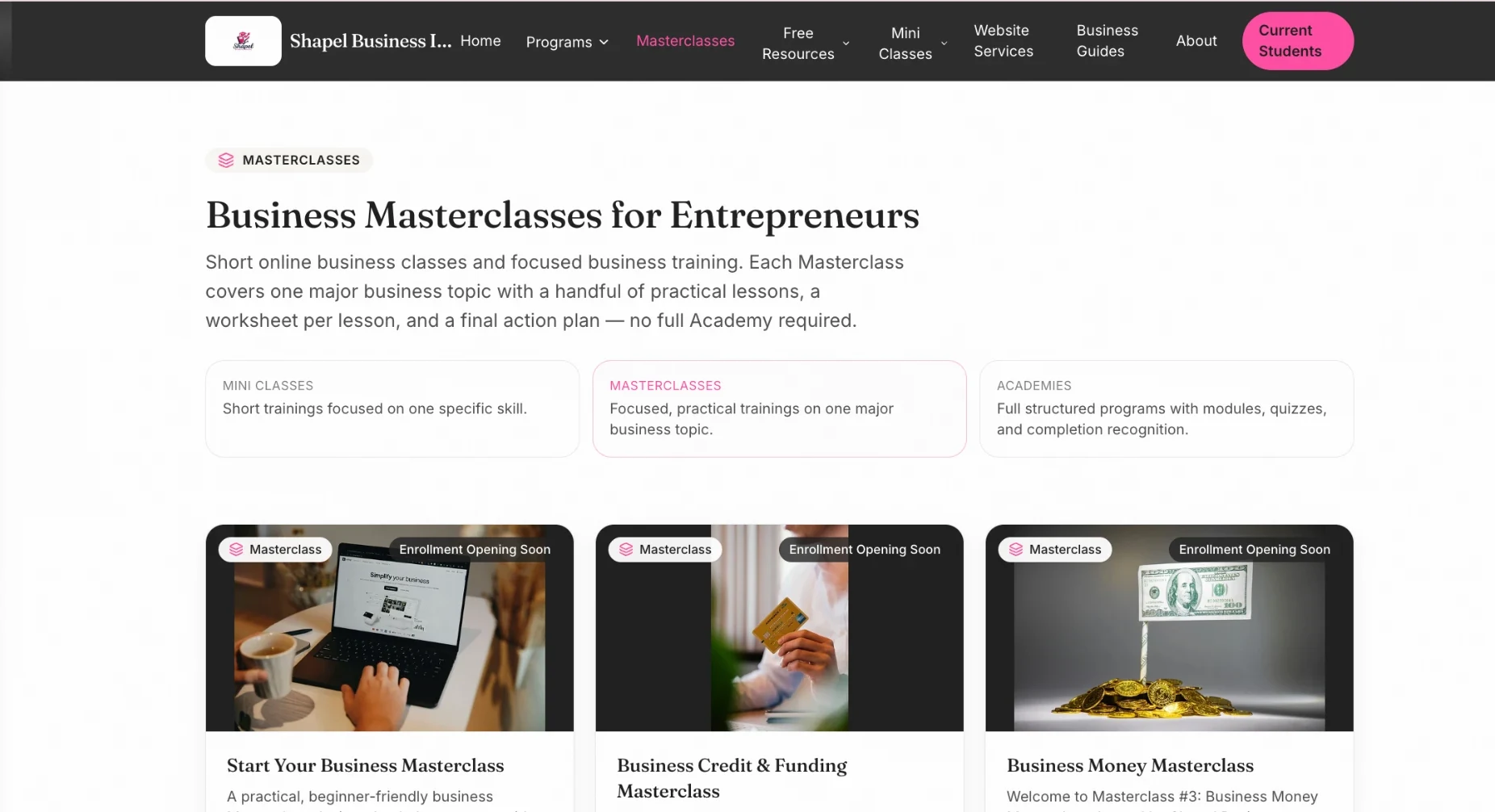 Shapel Business Institute Masterclasses page listing business masterclasses with cards and category descriptions