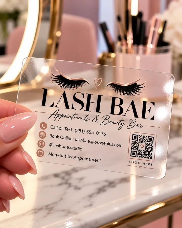 Illustrative concept: clear card with LASH BAE lettering and a booking QR code