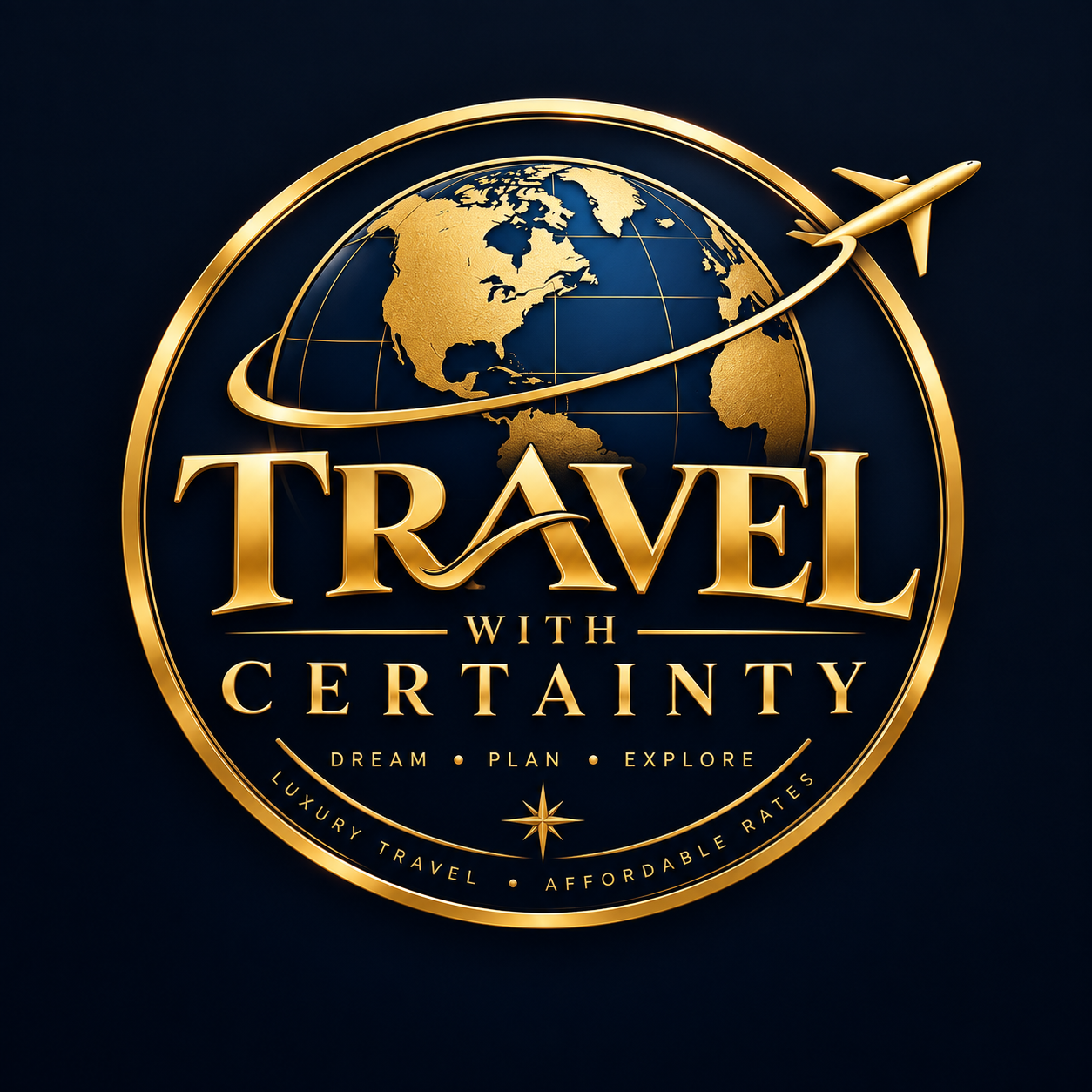 Circular gold badge name logo for Travel With Certainty on a navy background