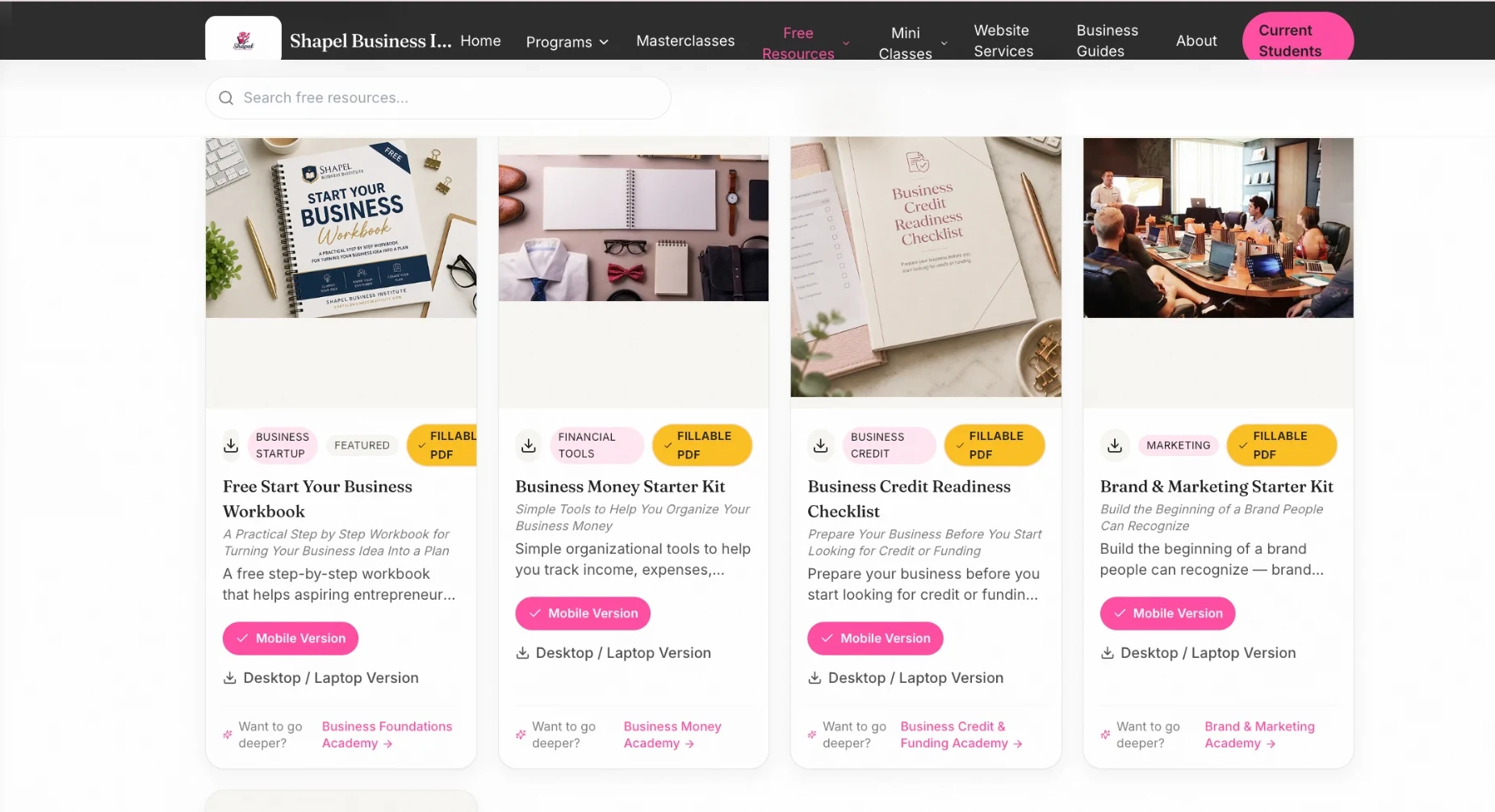 Shapel Business Institute free resources library with searchable downloadable business guide cards