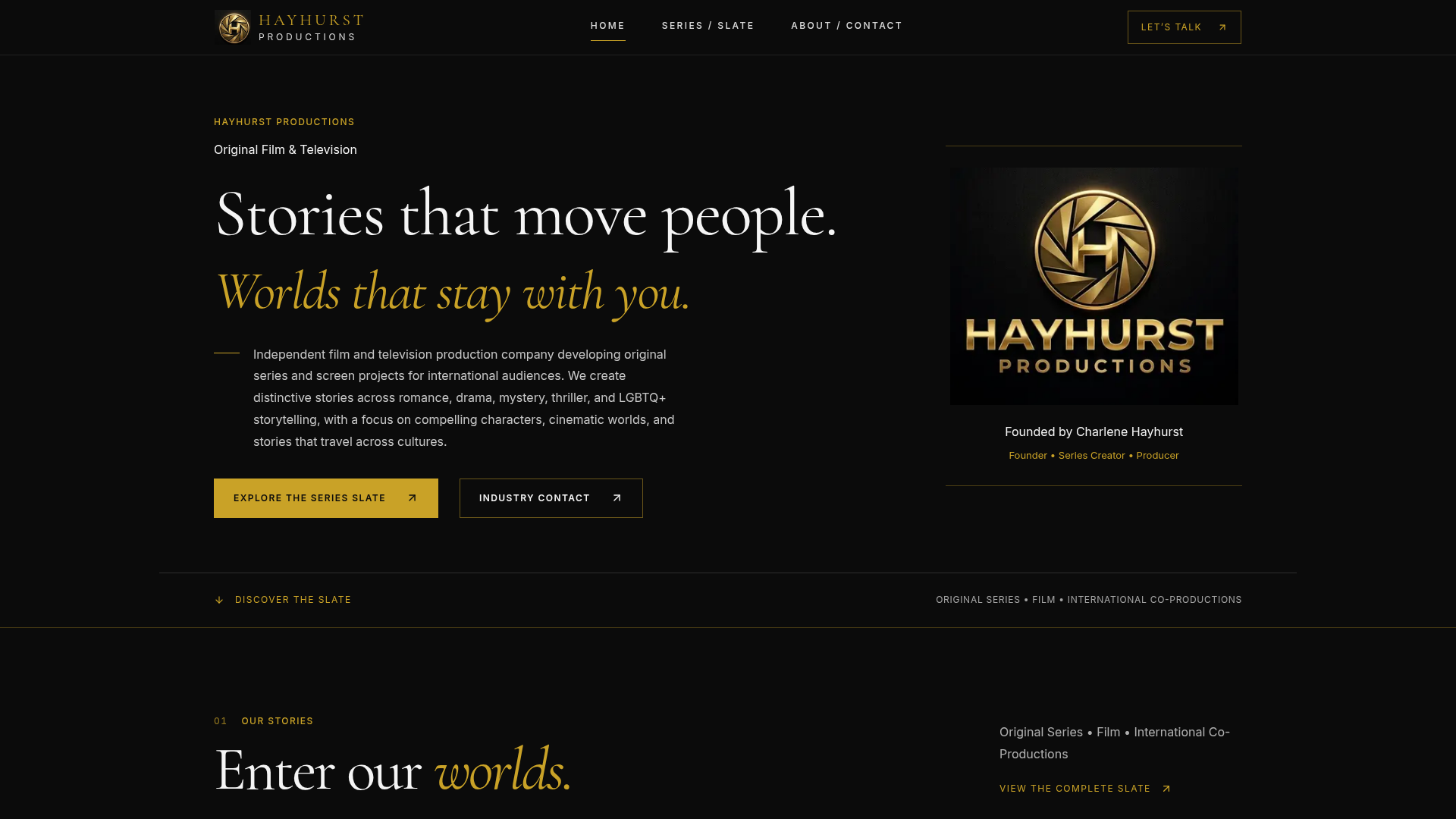 Hayhurst Productions homepage introducing its film and television work