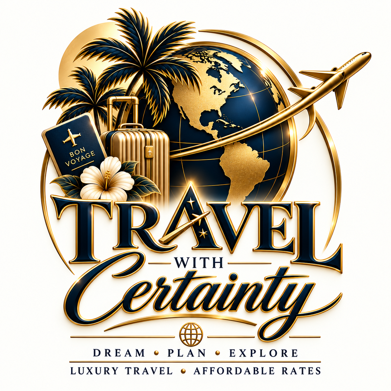 Tropical navy and gold name logo for Travel With Certainty with palm trees and luggage