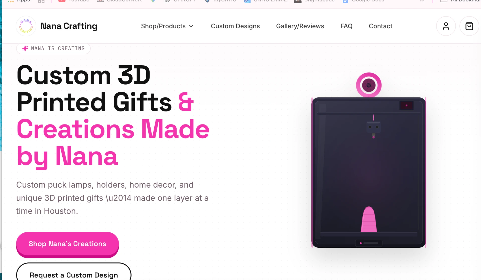 NaNa Crafting homepage with custom 3D printed gifts hero section