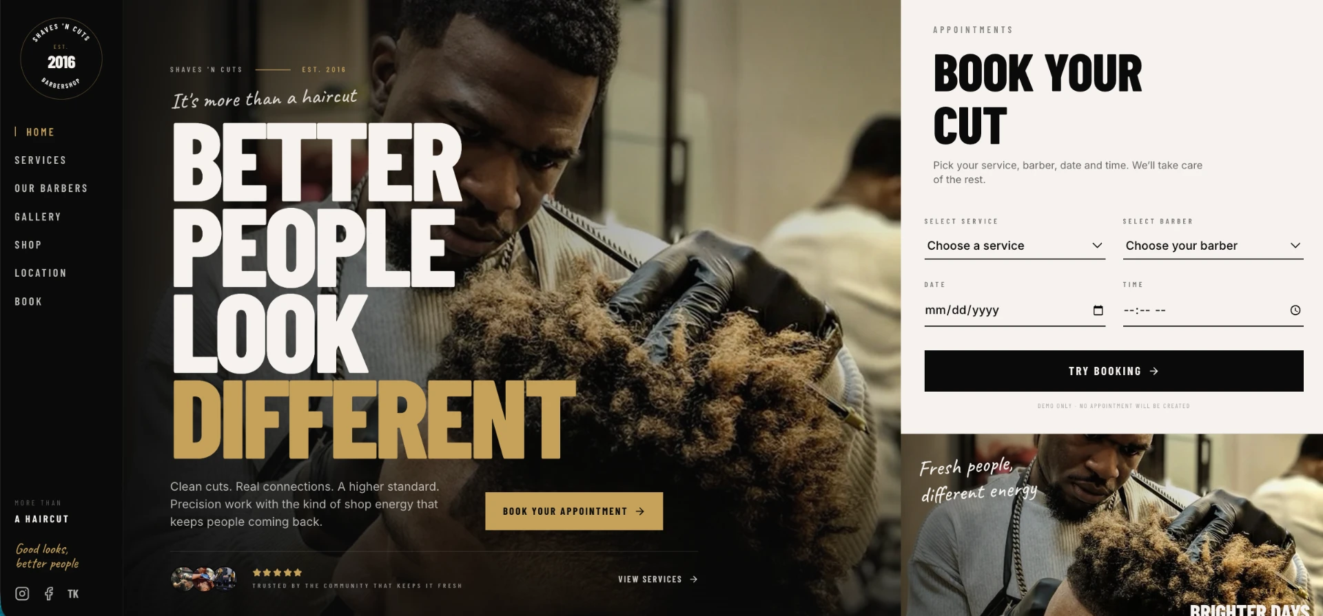 Shaves 'N Cuts barber website concept showing an editorial homepage, booking form, and haircut photography in black, cream, and muted gold