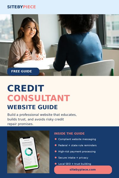 Free Credit Consultant Website Guide by SiteByPiece with educational website planning, compliance awareness, and marketing tips for credit focused businesses.