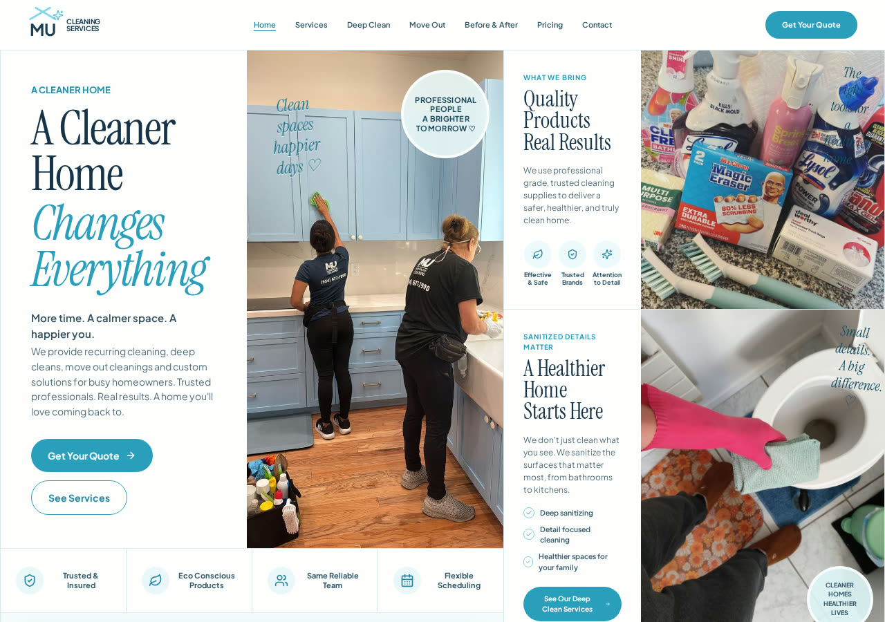 Homepage of the MU Cleaning Services website concept, showing a bright editorial hero reading A Cleaner Home Changes Everything with a Get Your Quote button