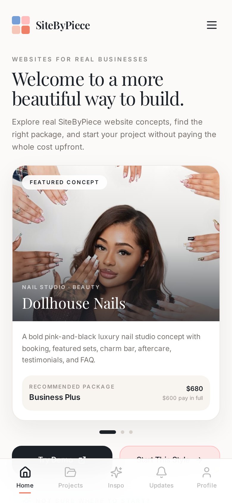 SiteByPiece mobile client app on a phone, showing a featured website concept card with package pricing and a bottom navigation bar